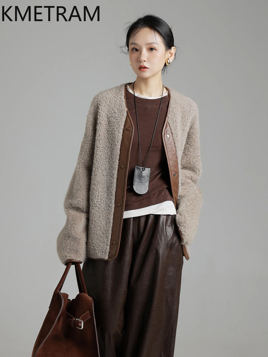 سترة KMETRAM من جلد الغنم الطبيعي مع سترة مرفقة من الصوف ملابس خارجية من فرو المرأة السوداء معاطف مزدوجة الوجه للمرأة شتاء 2025 شوروبا