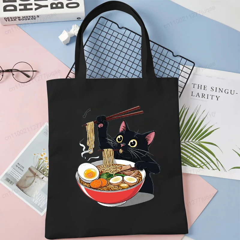 Ramen Cat Anime Graphic Women Canvas Shoulder Tote Bag Cartoon Animal Kitten Lover Funny Shopping Bag Students Reusable Handbags