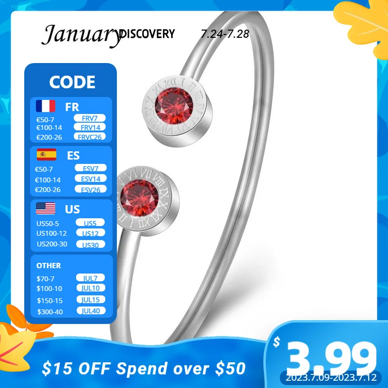 Crystal 1-12 Birthstone Cuff Bangle For Women Pulseras Mujer Stainless Steel Roman Birthday Gift Bracelets Bangles Jewelry