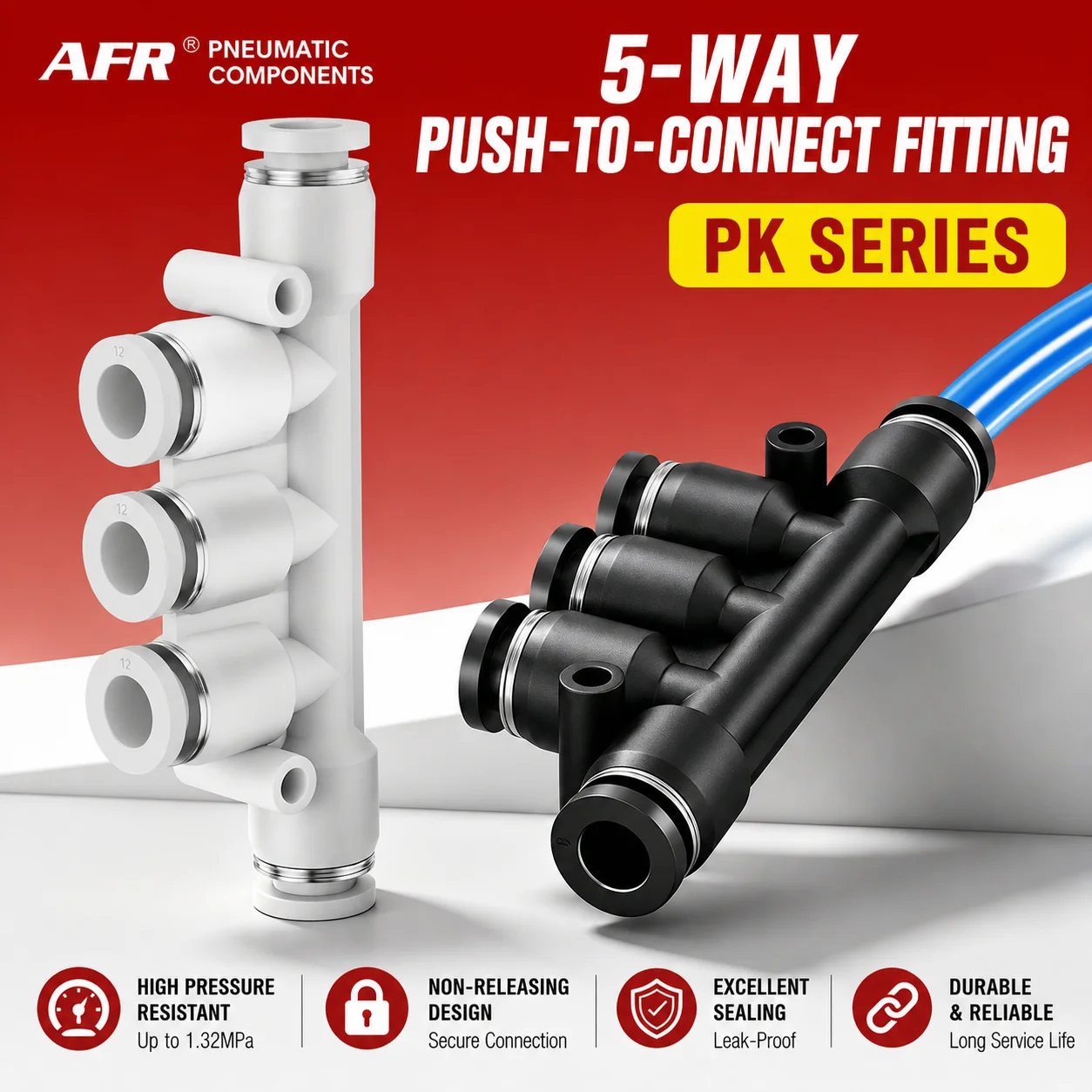 PK 5 Way Pneumatic Push to Connect Fitting Black White Air Hose Tube Connector Quick Release Union for Pneumatic System PK-4 6 8