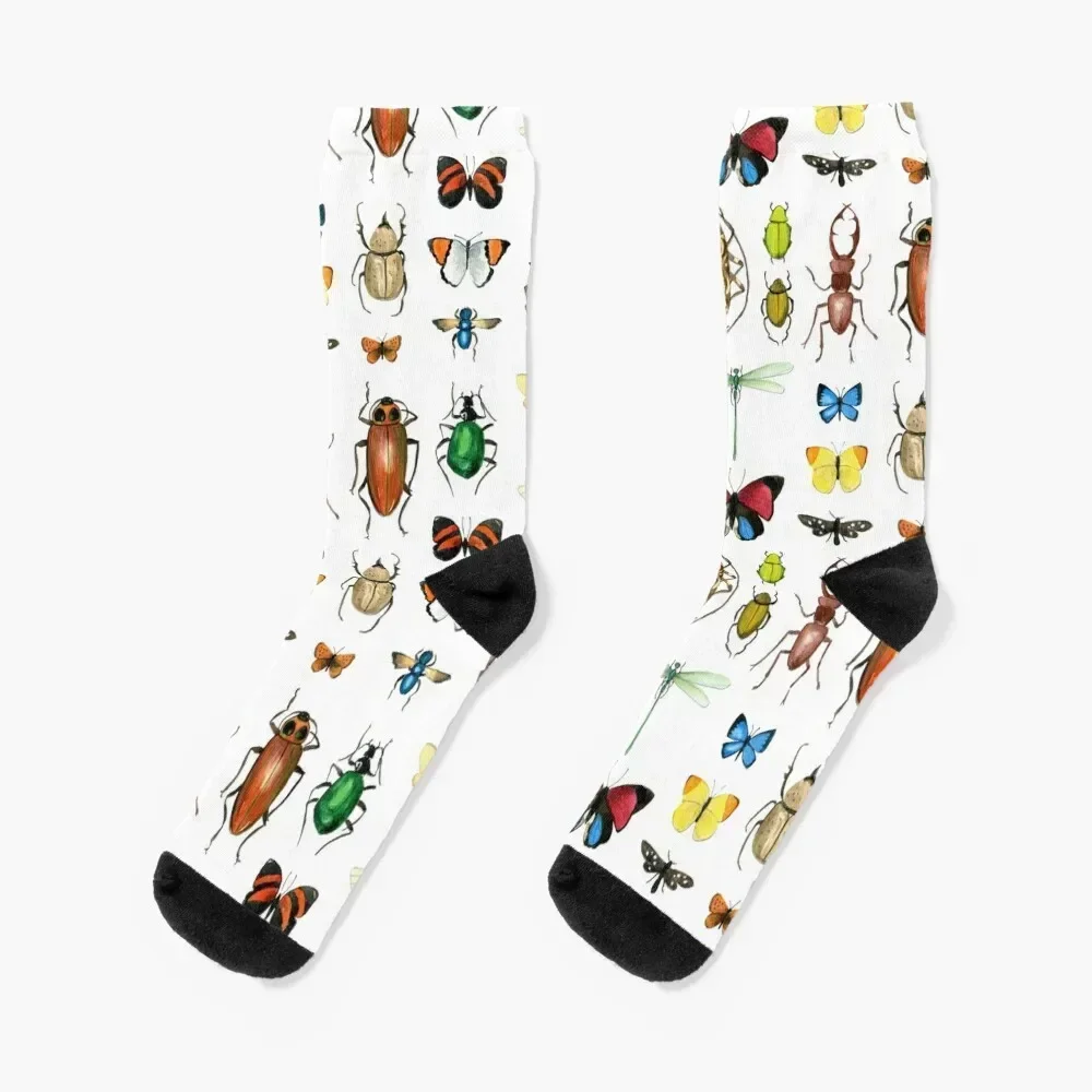 The Usual Suspects - insects on white - watercolour bugs pattern by Cecca Designs Socks ankle Run Socks Men's Women's