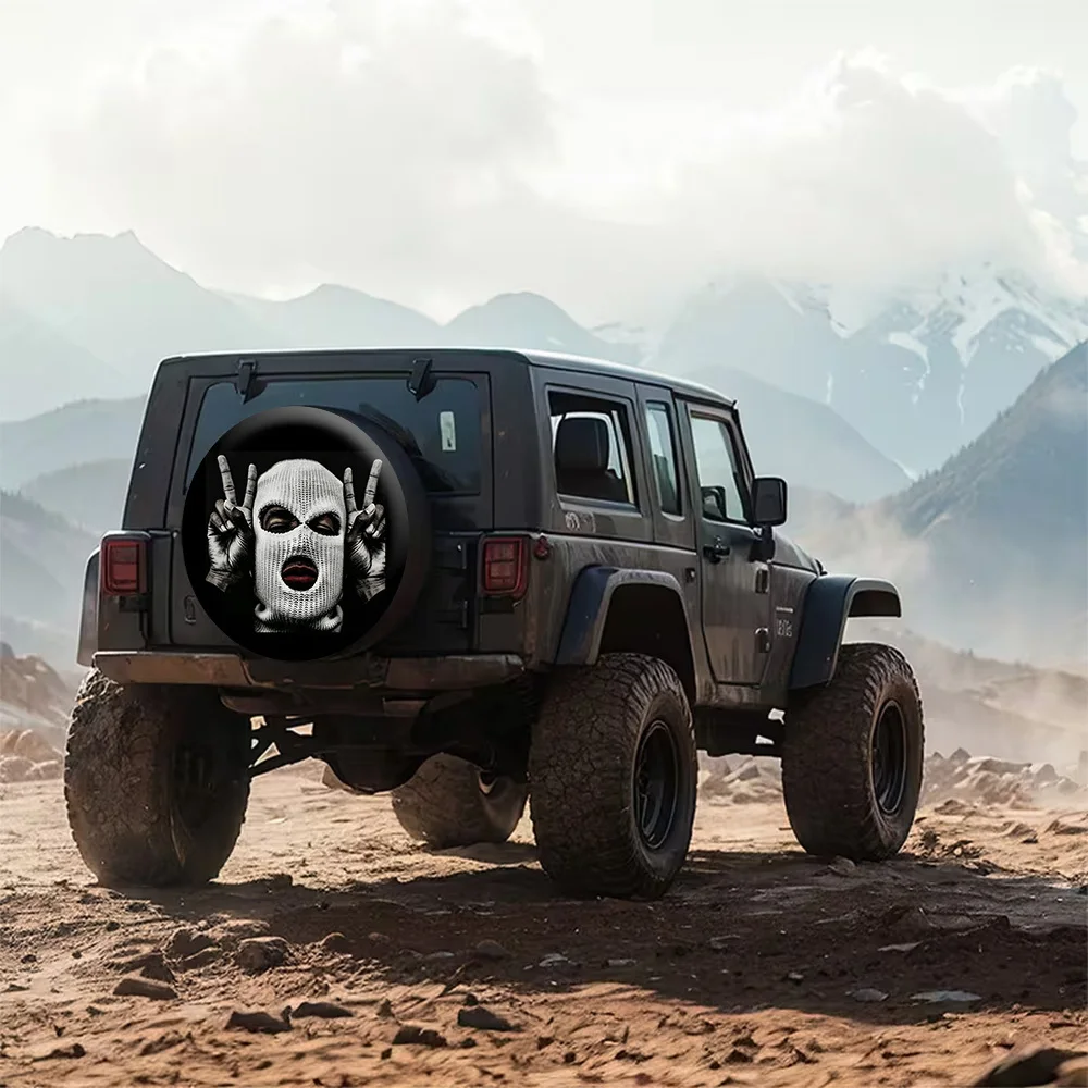 A Stylish Patterned Tire Cover With Unique Masked Gestures, Designed For Universal Fit, Perfect For Protecting Spare Tires, Easy