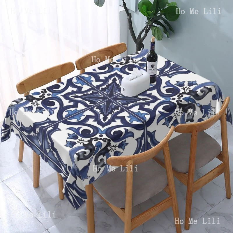 Azulejo Tiles White Bottom Blue Color Pattern Tablecloth For Dining Bbq Picnic Coffee Desktop Decor