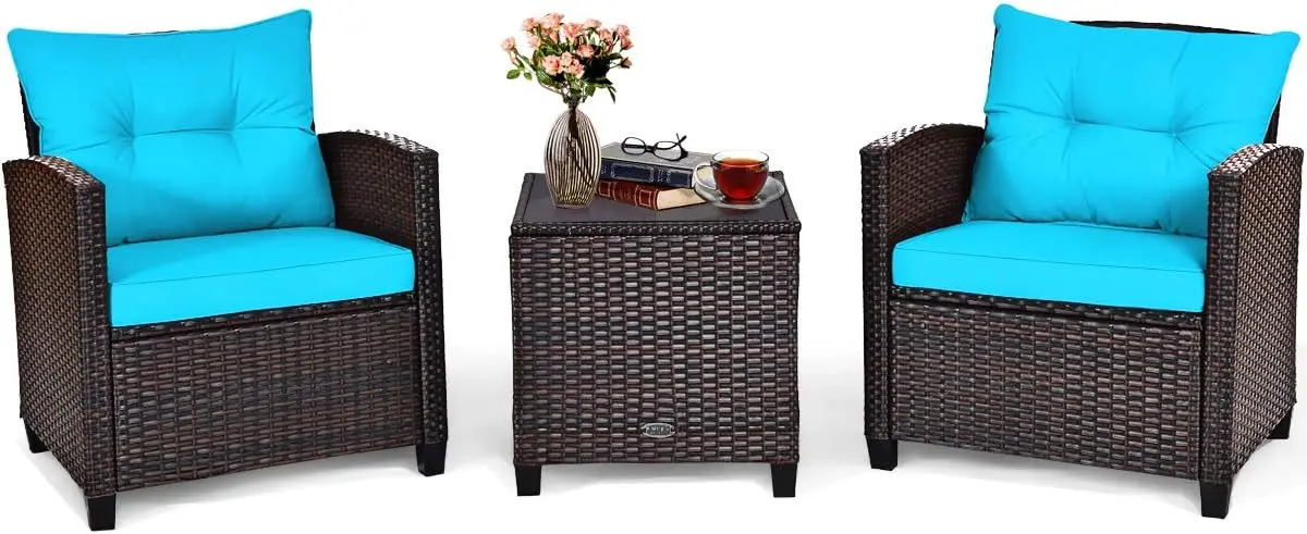 3PCS Patio Furniture Set, PE Rattan Wicker Sofa w/Washable Cushion and Coffee Table, Tempered Glass Tabletop, Outdoor  Set