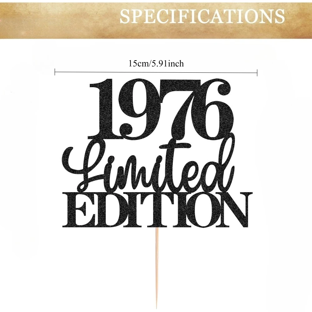 Schwarzer Limited EDITION Tortenaufsatz zum 1976, Kuchendekoration zum 50. Geburtstag – klassischer schwarzer Glitzer-Kuchenaufsatz im Vintage-Stil 1976. Geburtstag – Detail 2