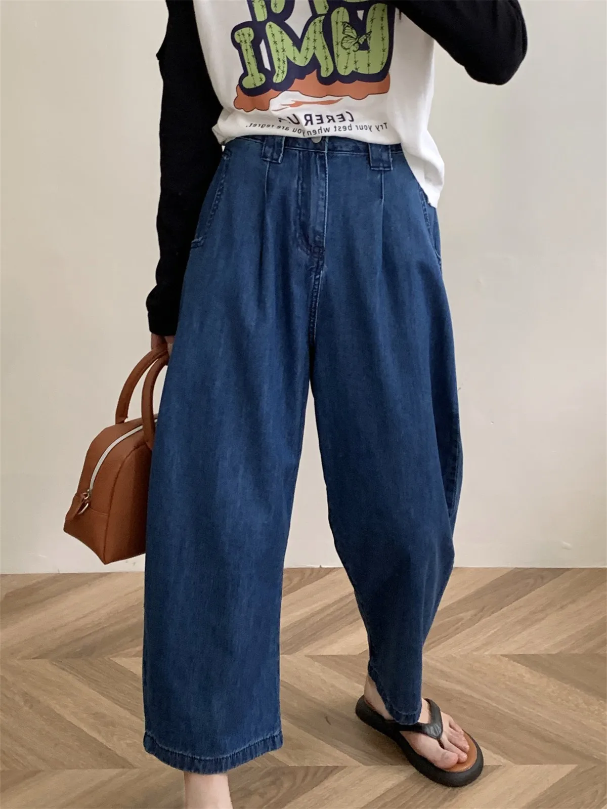 

ZHISILAO Loose Ankle-length Jeans Women Summer 2023 Thin Soft High Waist Wide Leg Denim Pants