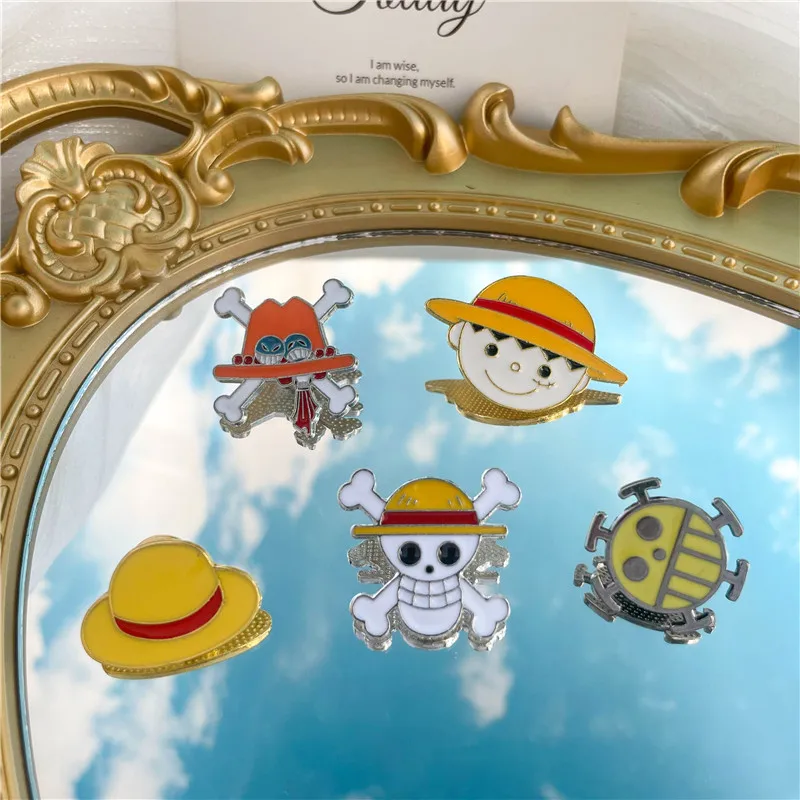 Cartoon Luffy Pirate Hat Enamel Brooch Ace Hat Skull Flag Cap Props Lapel Badge Bag Clothes Pins Jewelry Gifts For Kids Fans