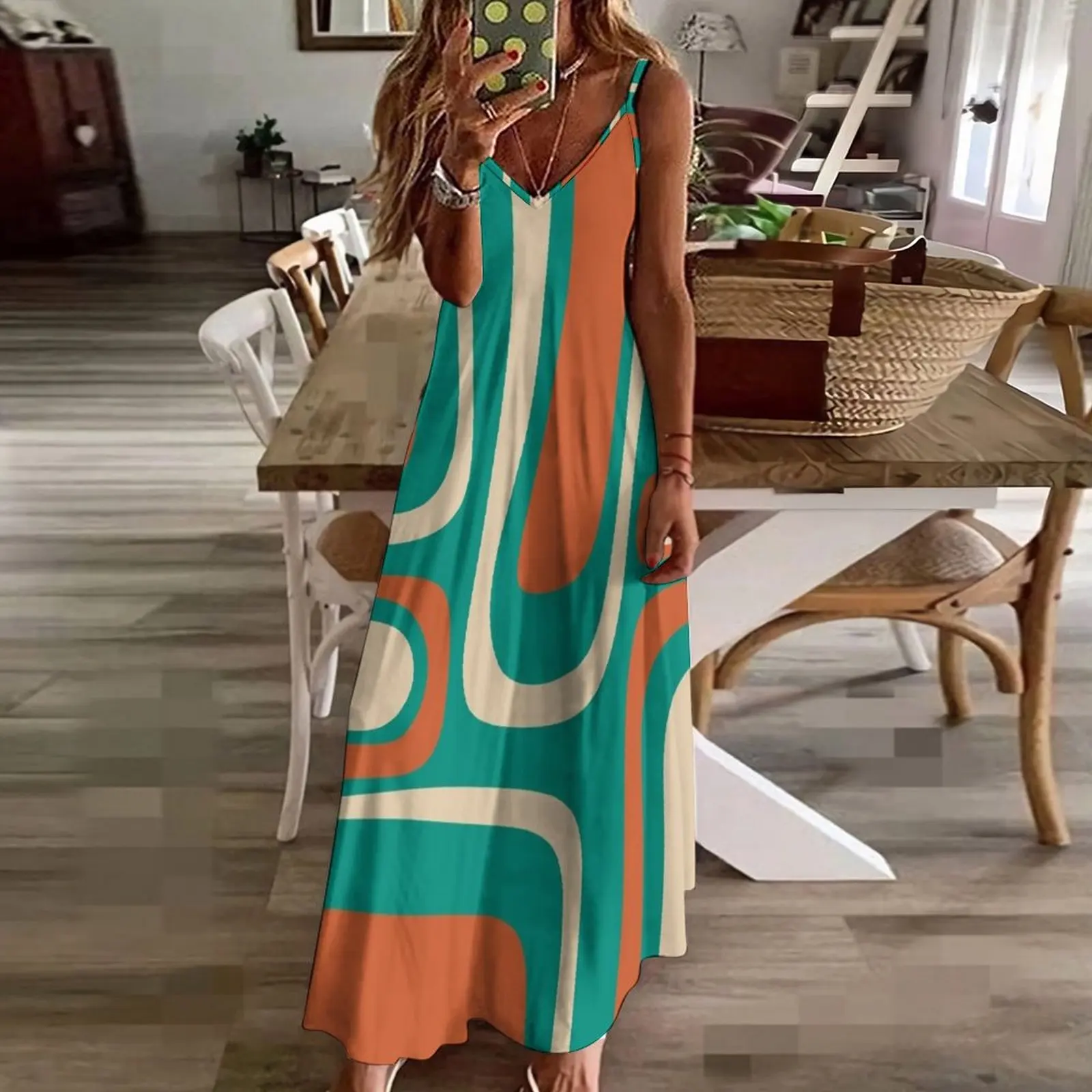 Palm Springs-Vestido Moderno Padrão Abstrato Sem Mangas, Médio Mod Laranja, Teal Turquesa, Bege e Bege, Retro Midcentury