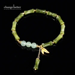 Change Better Natural Southern Jade Bamboo Joint Alloy Leaf Bracelet Women Charm Tassel Stretch Bracelet Lucky Jewelry Girl Gift