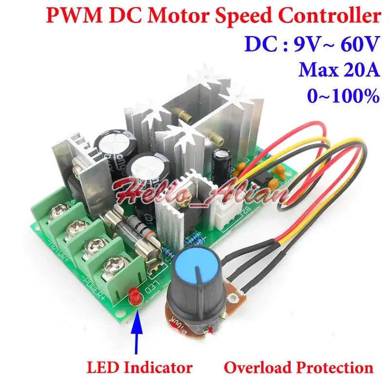 DC 9V-60V 12V 18V 24V 36V 48V 20A PWM DC Motor Speed Controllor Overload Protection Regulator Switch  for 540/550/775 Motor