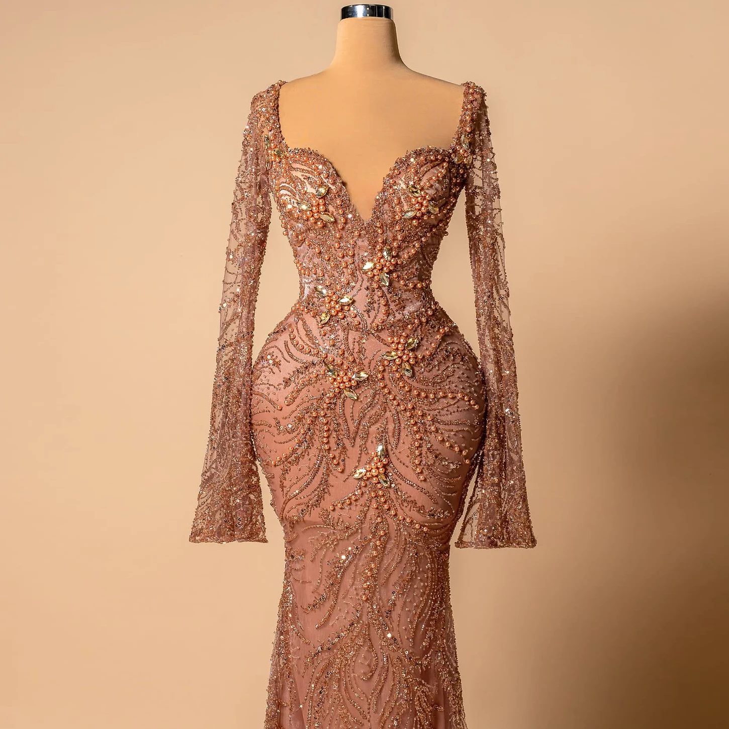 

Dusty Pink Deep V Neck Prom Dresses Mermaid Beaded Sequined Long Sleeve Wedding Guest Gown Formal Evening Gowns Customized