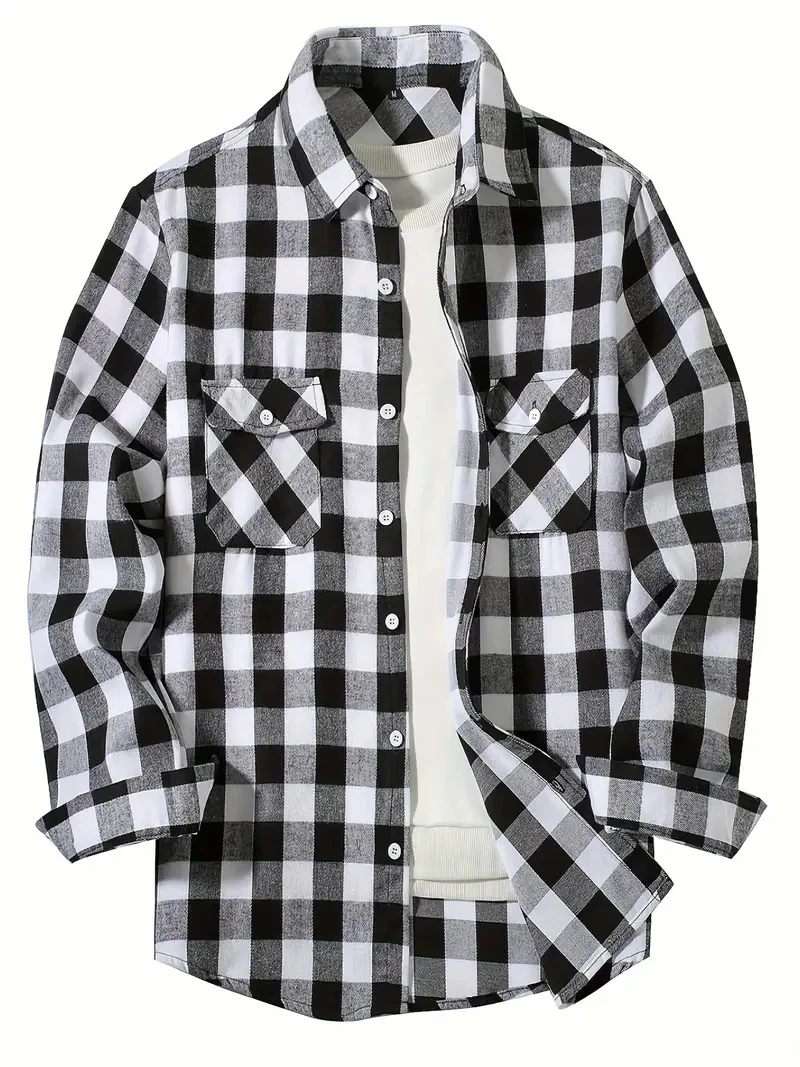 Men\'s Long-Sleeved Casual Button Shirt Plaid Regular Fit Classic Double Pocket Design Shirt Outerwear 6 colors