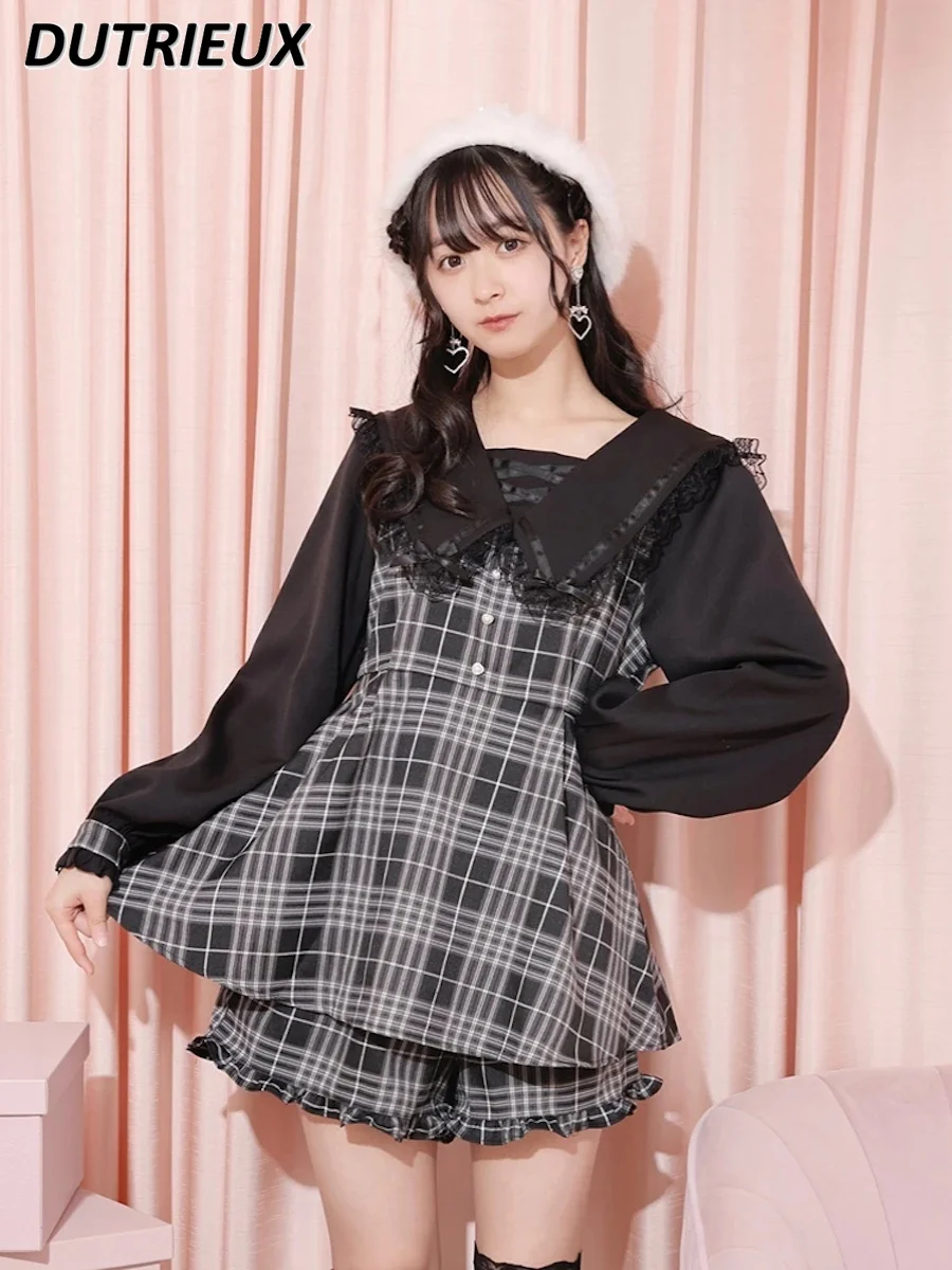 

Cute Anti-Aging Plaid Striped Large Lapel Bow Bandage Waist-Controlled Slimming Long Sleeve Top and Shorts Two Piece Set