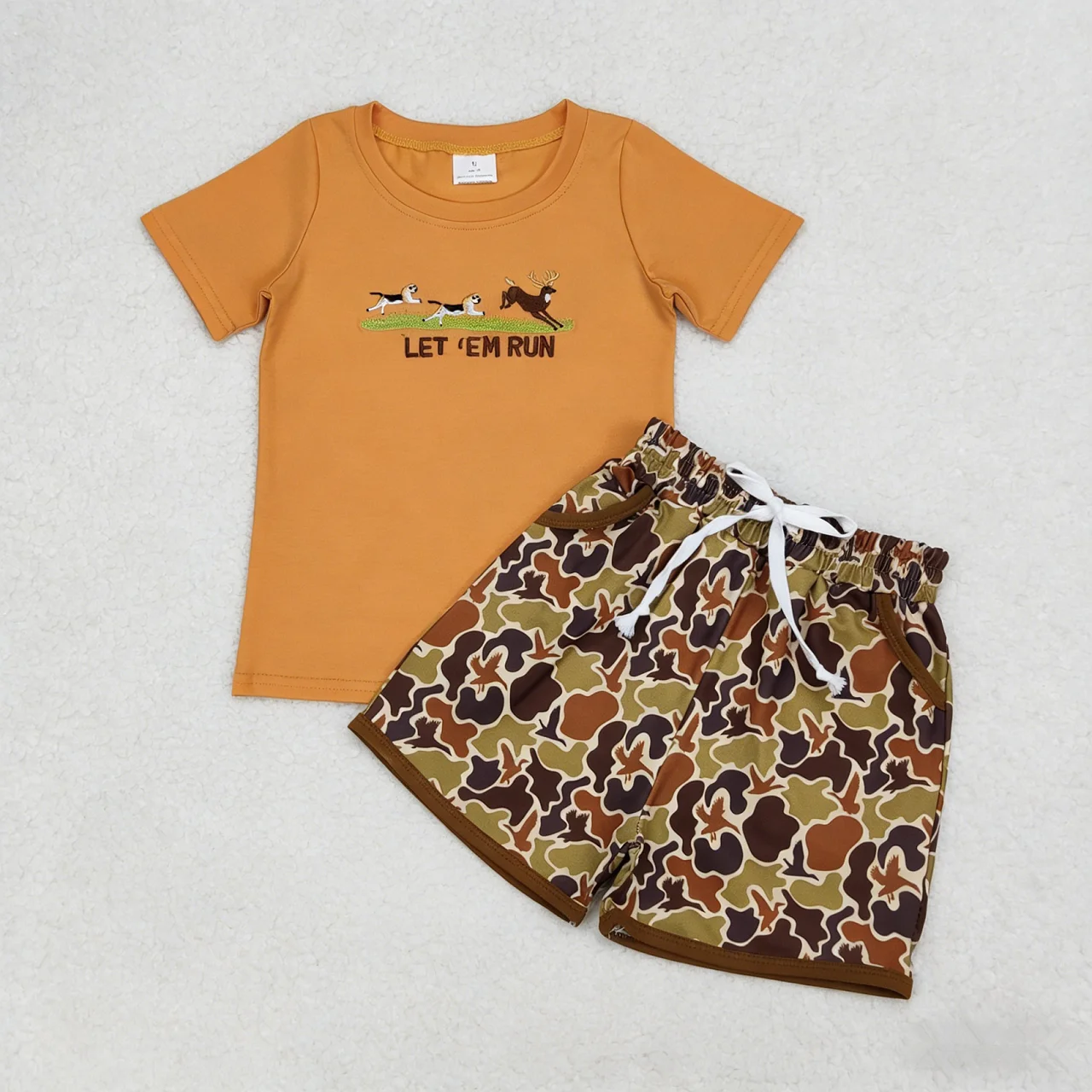 Wholesale Boys Outfit Toddler Short Sleeves Embroidery Deer Dogs Shirt Children Kids Set Baby Boy Ducks Camo Shorts Clothes