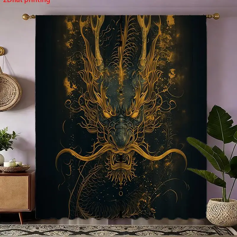 Dramatic Gold Dragon Pattern Curtain 2pcs Pair Luxury Mythological Print Dark Blue Window Drapes for Living Room Home Decor