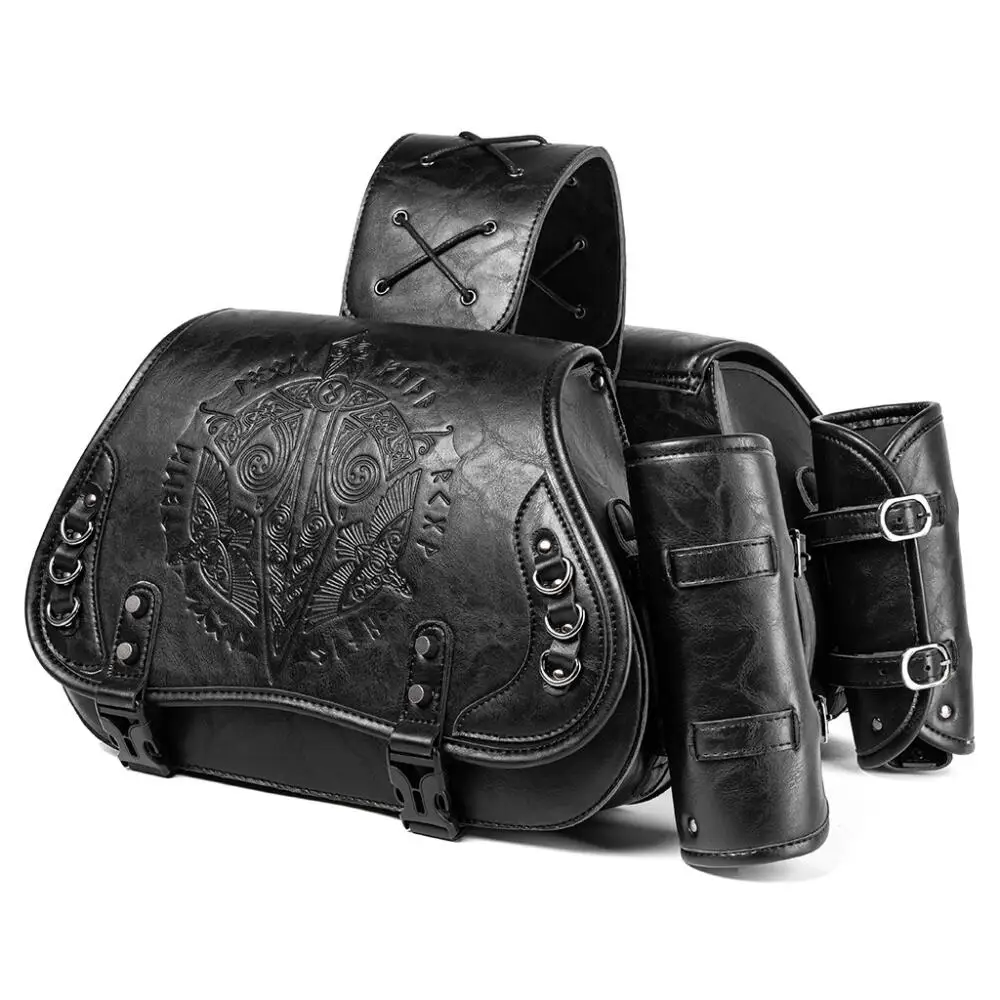 Retro Pressure Flower Motorcycle Hanging Bag Pu Leather Knight Modification Bag for Multi Model Universal Medieval Steampunk