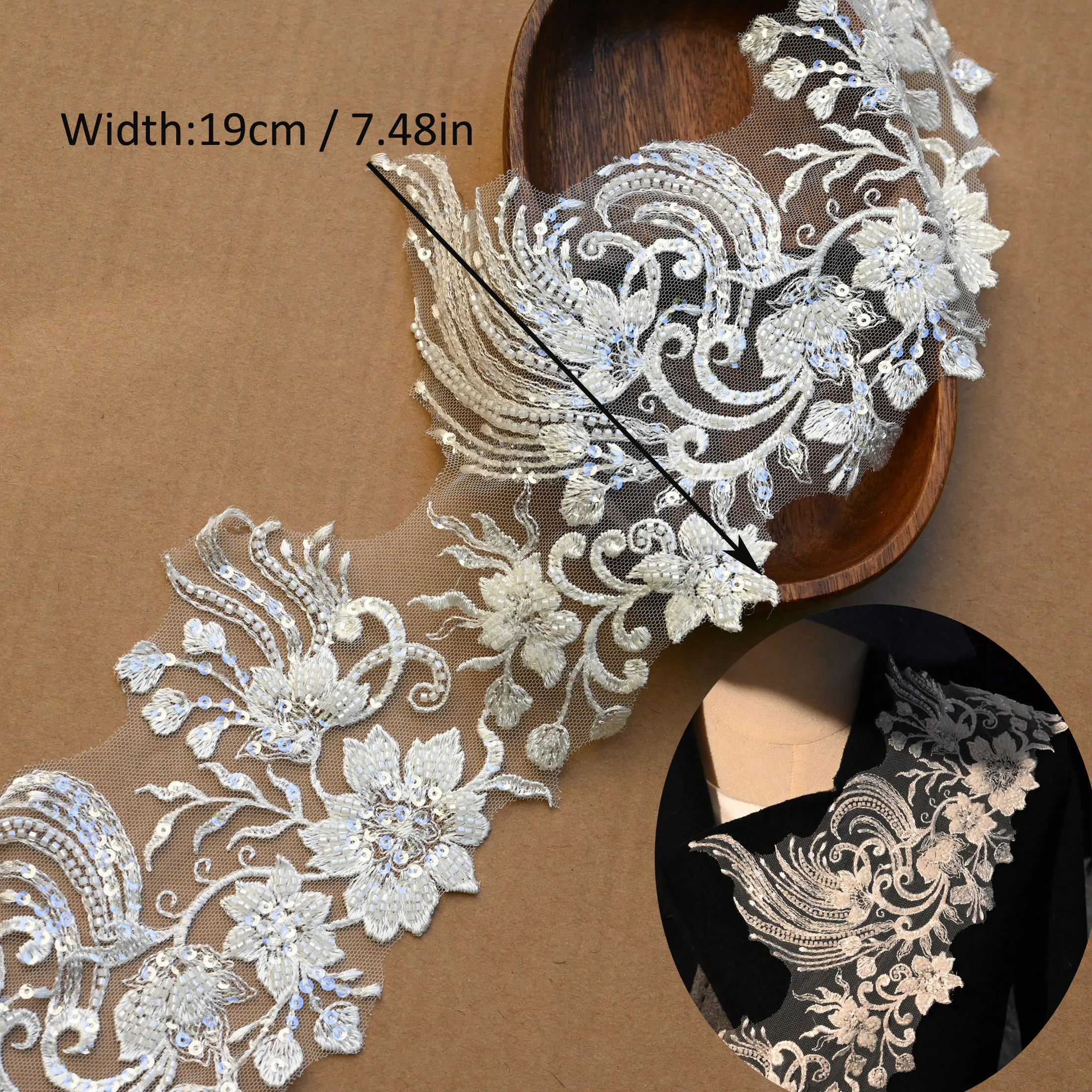 1yard luxury beaded embroidery lace trim appliques for wedding dresses ivory Rhinestone applique patches Embroidery parches ropa