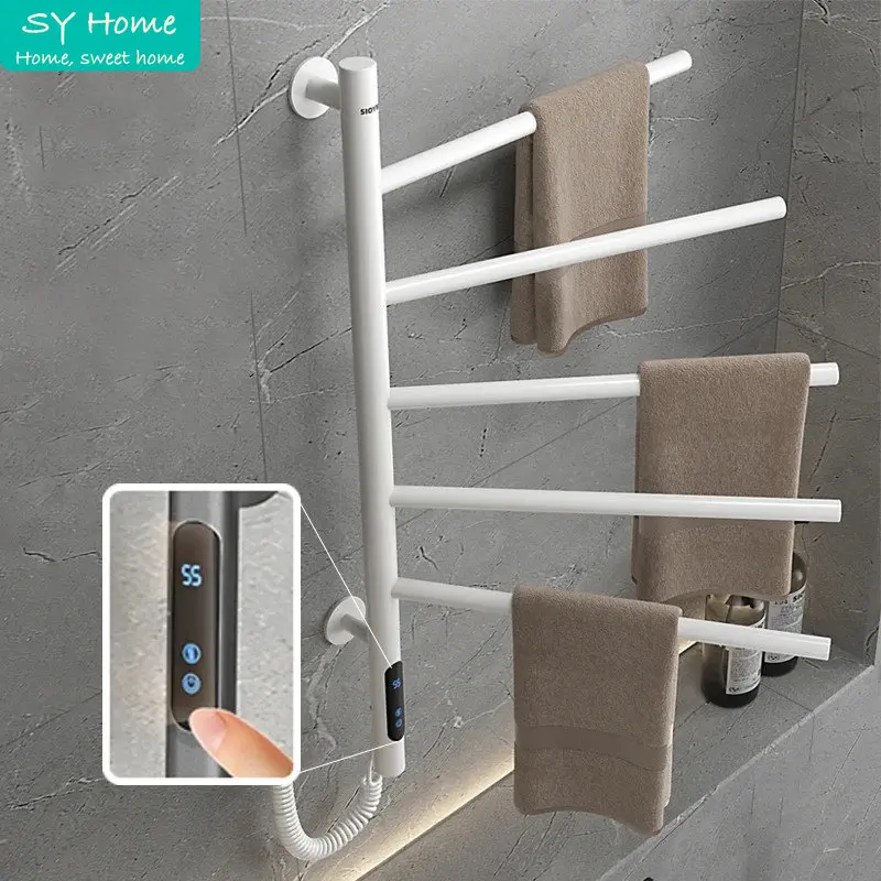 Carbon Fiber Electric Towel Dryer Intelligent Digital Display Wifi App Remote Control Nail-Free Rotatable Bathroom Warmer Rack