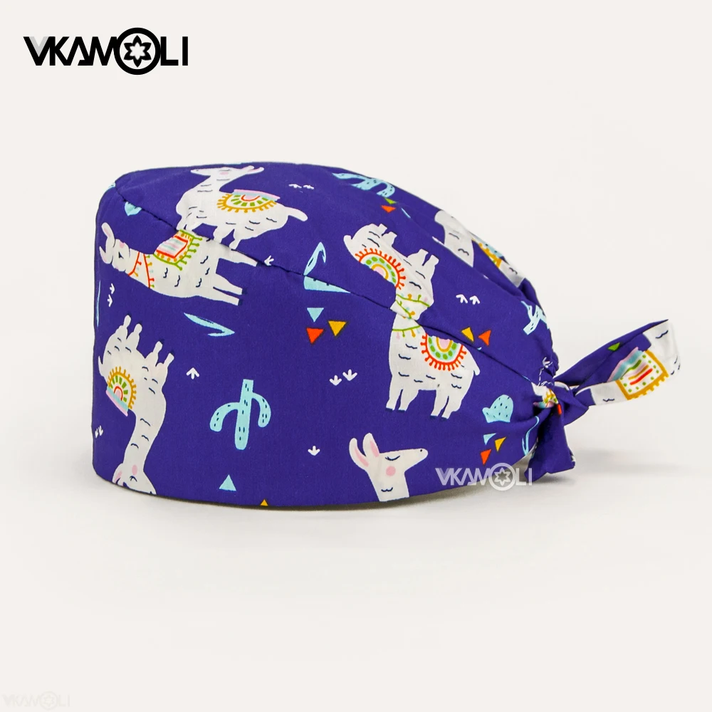 wholesale blue Anime print hat Scrub Caps pet shop Beauty clean Nursing Accessories 100% Cotton Sweat band Tie back Hat