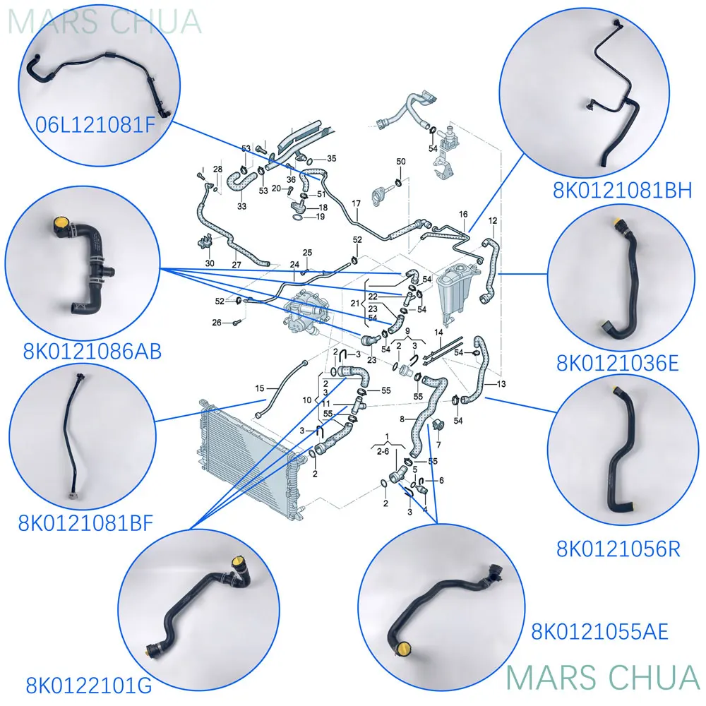 Para Audi A4 Mangueira de refrigeração Tubo de água 8K 0122101 G 8K 0121055 AE 8K 0121086 AB 06L 121081 Dissipador de calor de compensação do tanque de transbordamento do motor F
