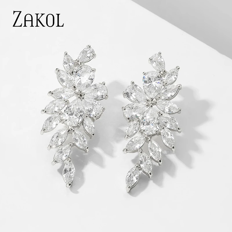 ZAKOL Marquise Cut Flower Zirconia Crystal Long Drop Earrings for Women Shiny Leaf CZ Stone Bridal Wedding Jewelry EP2415