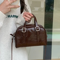 Cool Solid Color Women's Shoulder Bag Fashion Patent Leather Female Bowling Bags Simple Design Ladies Handbags Small Tote Purse