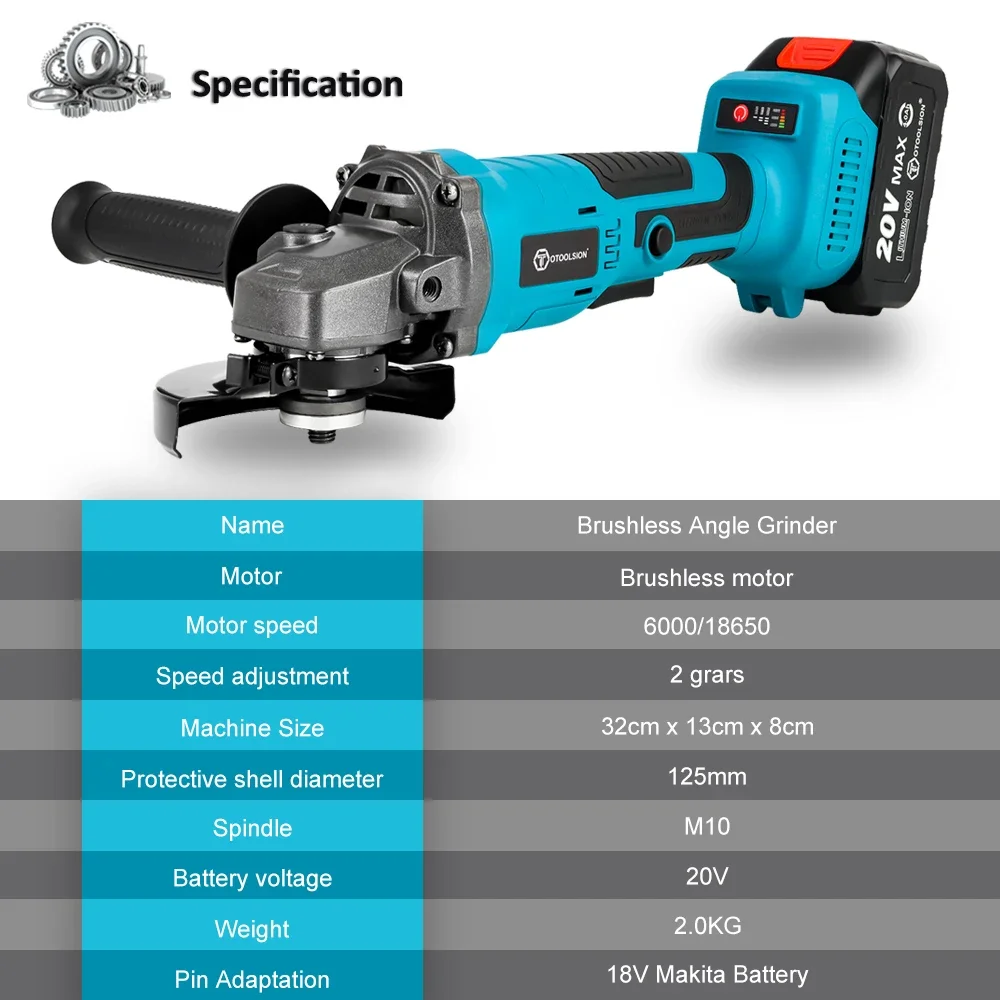 OTOOLSION 125mm Brushless Angle Grinder 3-speed Grinding Cutting Machine Polishing Machine Cordless Power Tool Makita Battery