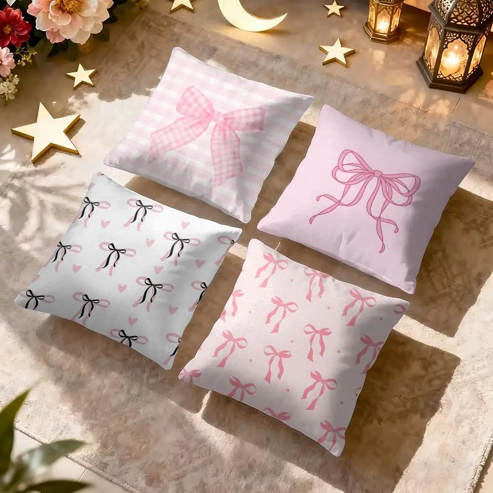 Cute Pink Ribbon Bow Cushion Cover Soft Short Plush Pillow Cover Smooth Cozy Texture Aesthetic Cushion Case Home Decor