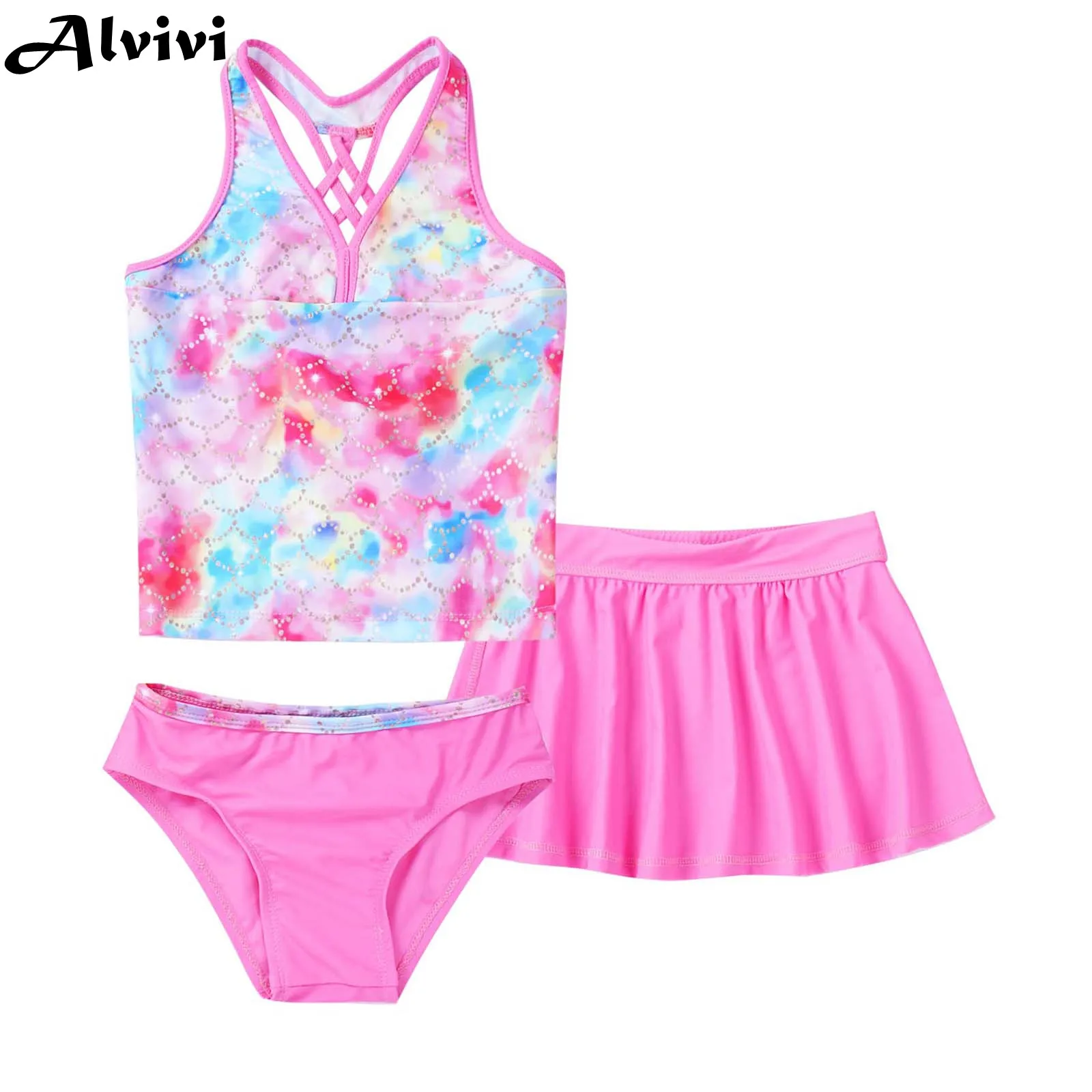 Children Swimsuit Set Girls Summer Print Swimwear Sleeveless Crisscross Back Top with Briefs and Skirt Bathing Suit Beach Bikini