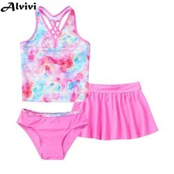 Children Swimsuit Set Girls Summer Print Swimwear Sleeveless Crisscross Back Top with Briefs and Skirt Bathing Suit Beach Bikini