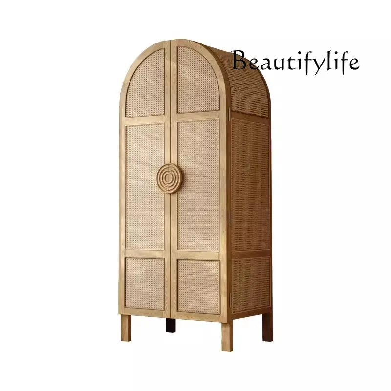 Ash wood solid wood rattan vaulted dome wardrobe antique apartment wardrobe wabi sandy wind