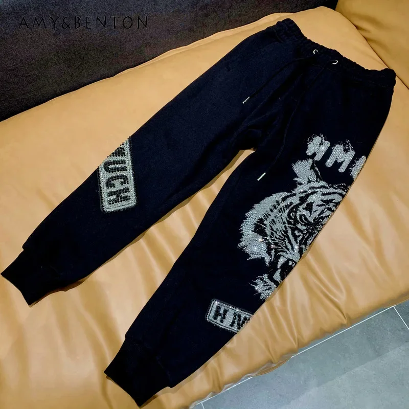 Spring Autumn Terry Sweatpants Tiger Head Diamond Drills Dark Street Luxury Men's And Women's American Style Oversized Trousers