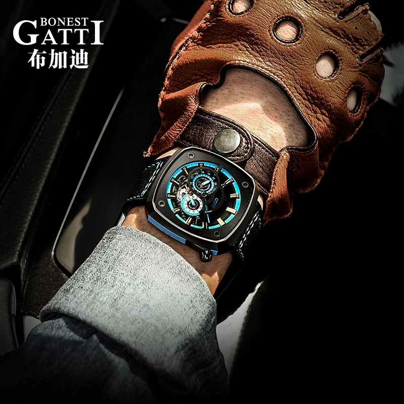 

BONEST GATTI Мужские автоматические часы 42,5 мм Механические наручные часы с квадратным скелетом Водонепроницаемые сапфировые светящиеся