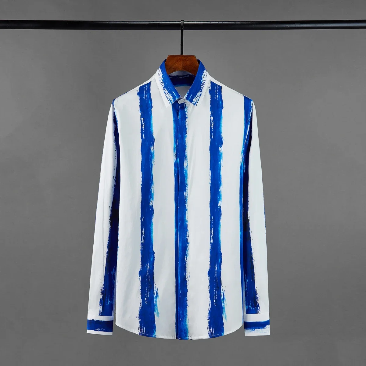 New Blue Stripe Printed Mens Shirts High Quality Long Sleeve Cotton Casual Party Male Shirts Fashion Slim Fit Man Shirts 3XL