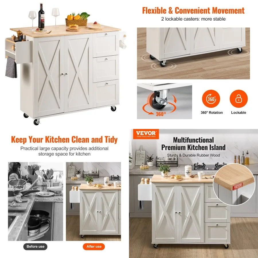 

Тележка для кухонного острова VEVOR со столешницей из массива дерева, мобильные тележки шириной 45,3 дюйма со шкафом для хранения, кухонный стол на колесиках со стойкой Spi