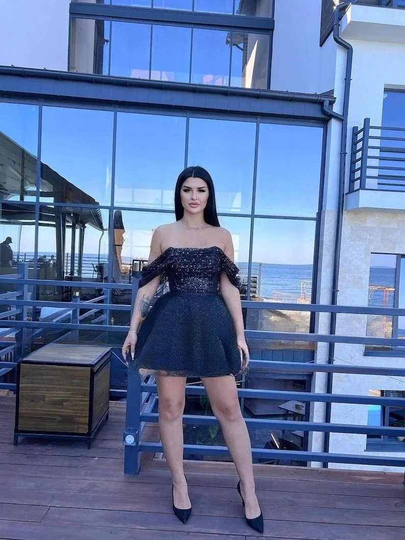 코르셋 반짝이 파티 블랙 칵테일 럭셔리 드레스 볼 가운 이브닝 드레스 도망자 드레스 짧은 웨딩 드레스