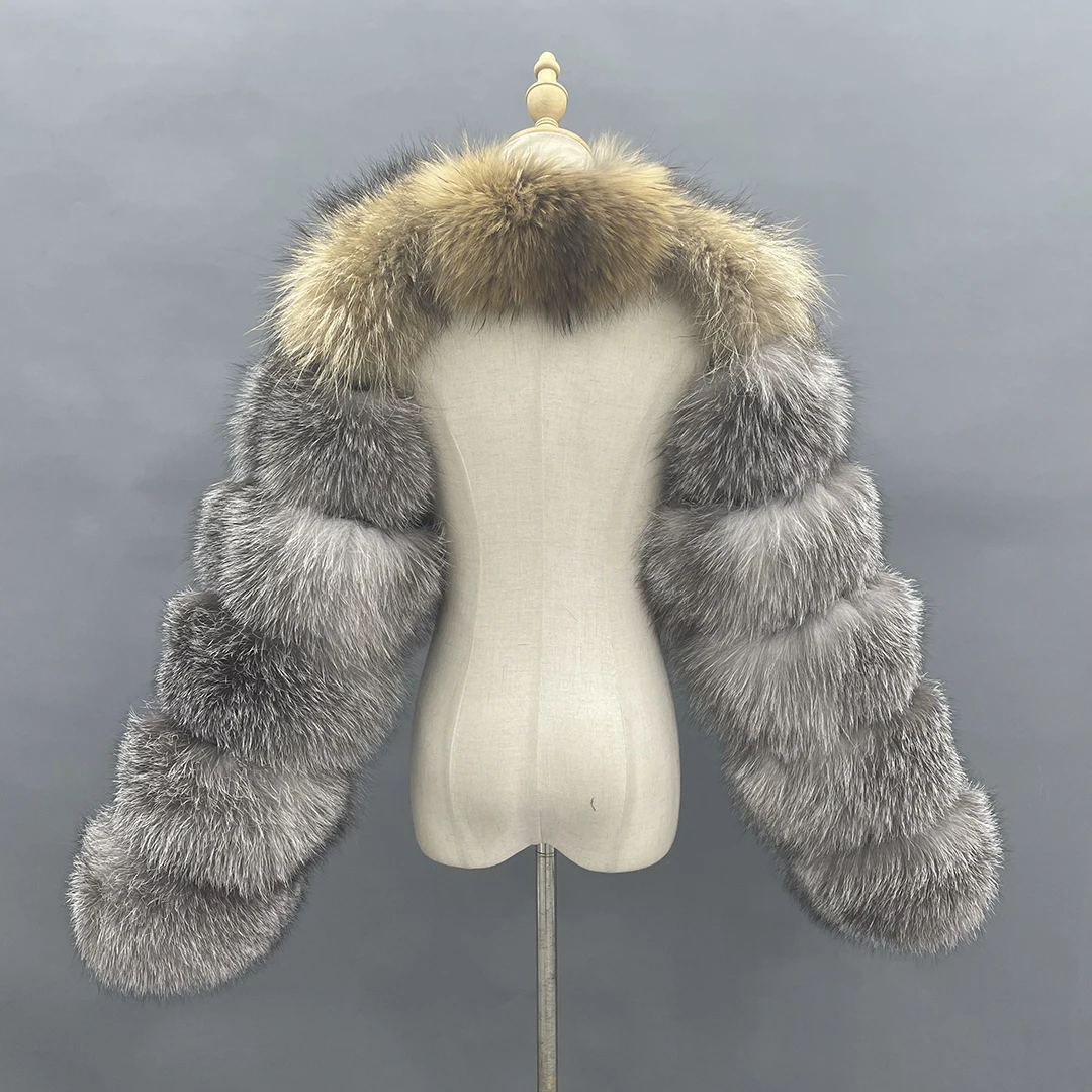 MISSJANEFUR-Manteau de fourrure de renard argenté véritable pour femme, veste courte de luxe, fourrure de raton laveur naturelle personnalisée, mode chaude d'hiver, nouveau, 2022