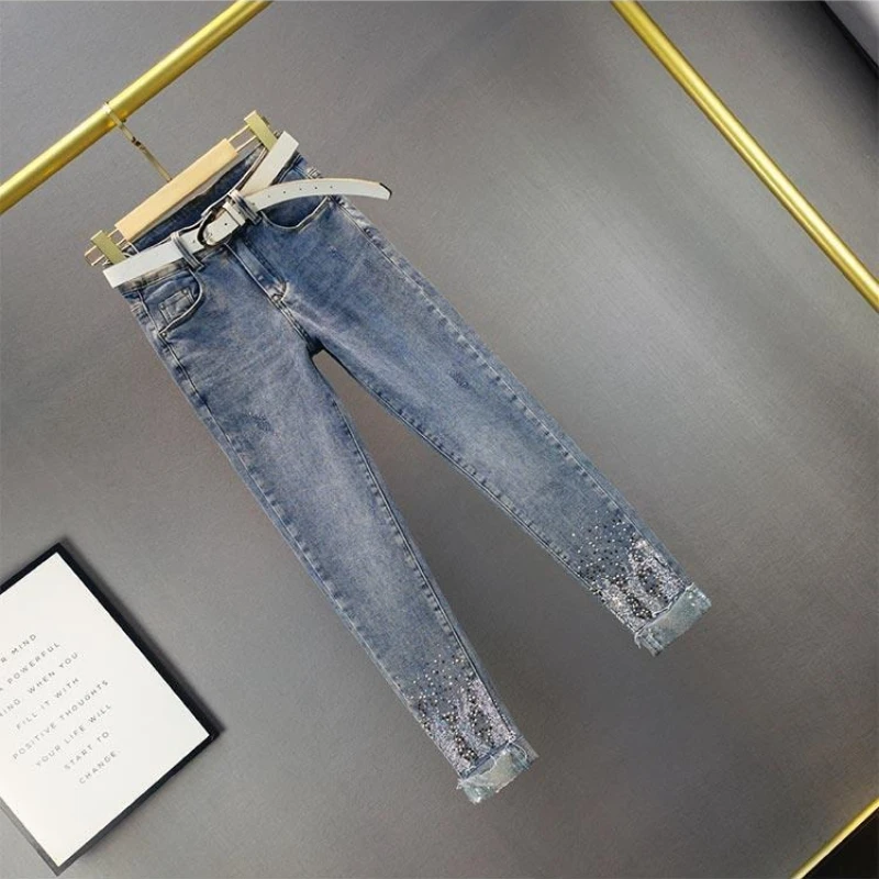 

Women's High Waist Skinny Jeans with Sequins and Hotfix Rhinestones Summer New European Style Slimming Ankle-Length Pencil Leg