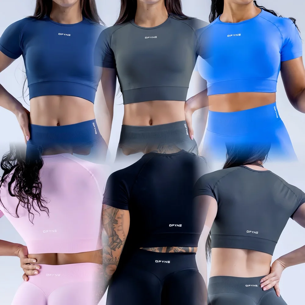 Top colheita de impacto com logotipo feminino manga curta yoga camisas superiores de pouco peso ginásio colheita superior sem costura camisa esportiva ciclismo topos