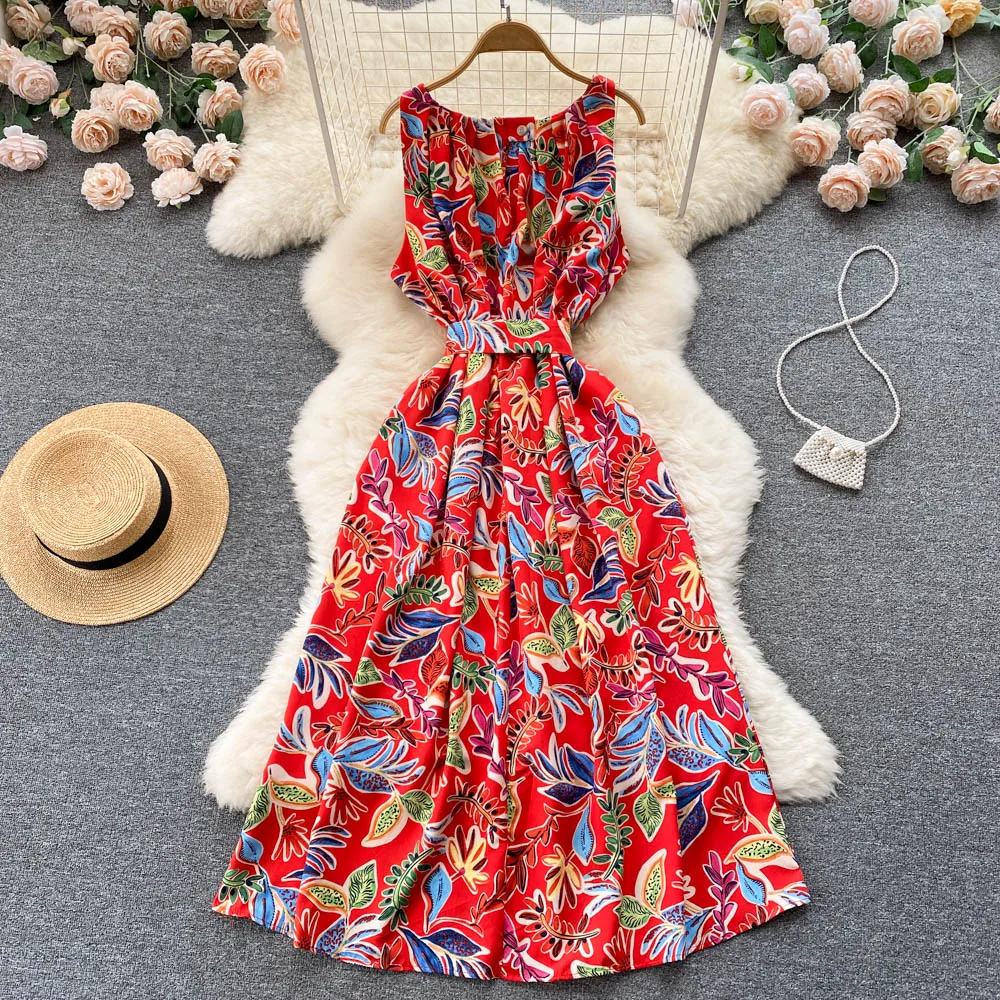 Bandagem floral francês vintage feminino vestido longo, verão elegante cintura alta, regata vestido de verão, túnica de praia retrô, linha A Vestidos