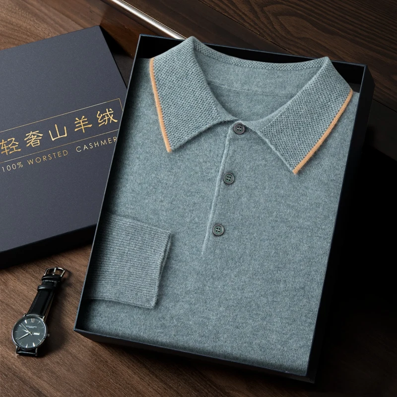 

MVLYFLRT 100% Cashmere Sweater Men's POLO Collar Pullover Autumn Winter New Knitted Contrast Shirt Casual Large Jacket