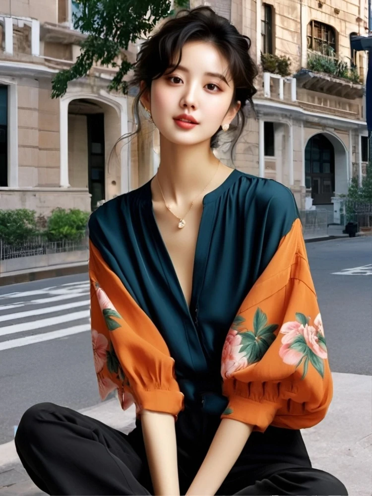 

French Vintage Blouses V Neck Lantern Sleeve Flower Print Contrast Color Summer Shirts Loose Elegant Design 2025 Women Clothing