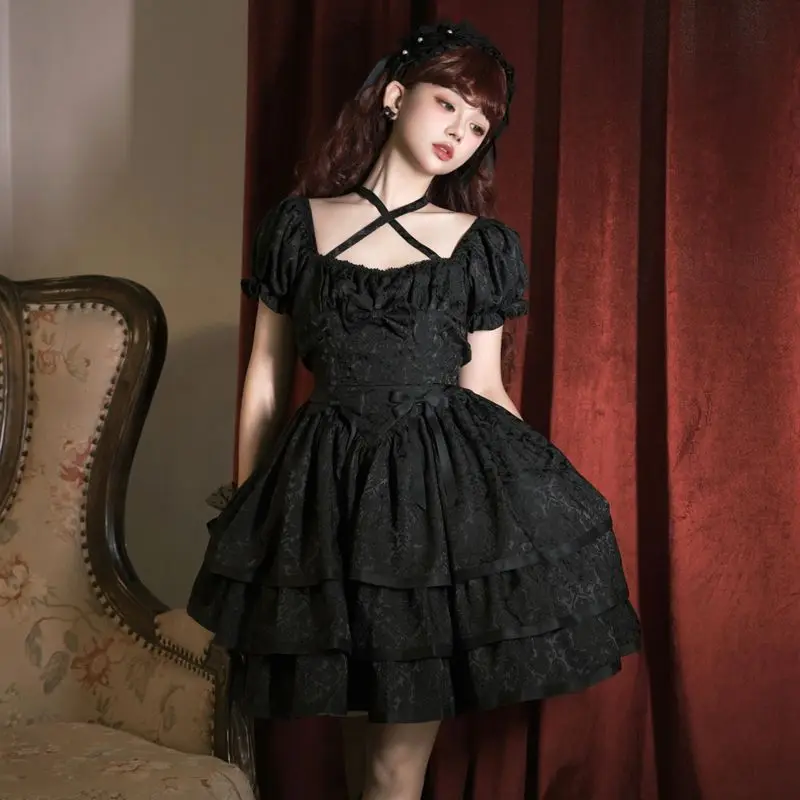 

Thorn Rose OP Lolita Short Sleeved Three-section Skirt With Bow Tie Dark Gothic Dress