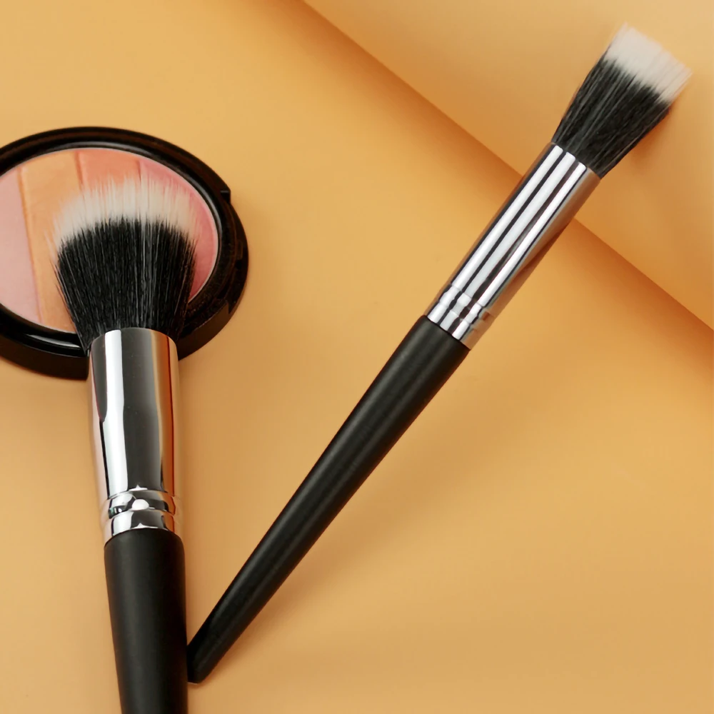 Black Wooden Handle Makeup Brush Double Layer Bionic Nylon Soft Fiber Hair Flat Head Stipple Brush,Cosmetic Beauty Makeup Tool