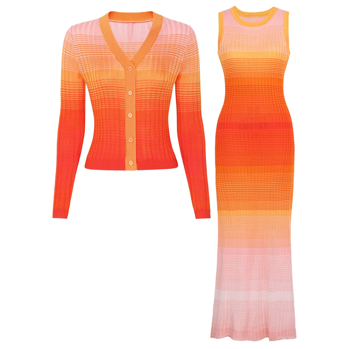 

High Quality Spring And Autumn New Fashion Knitted Elastic Stripe Gradient Women's Cardigan+sleeveless Dress Women's Set