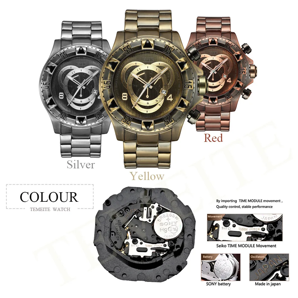 Temeite Retro Watch For Men Top Brand Luxury Original Stainless Steel Bronze Big Dial Male Wristwatches Relogio Masculino 2022