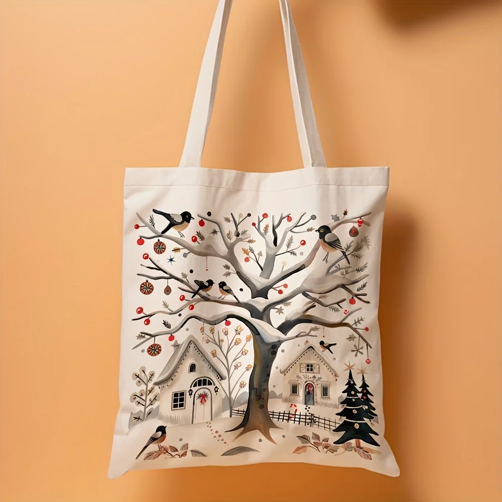 Winter Christmas Village Canvas Tote Bag Snow Tree Bird House Print Large Capacity Shoulder Bag Casual Daily Shopping Handbag