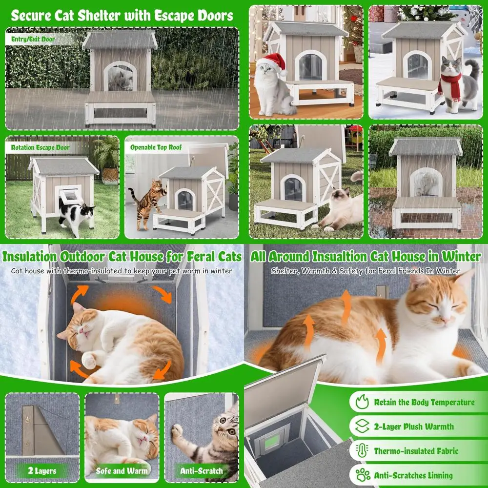 

Всепогодный уличный домик для кошек на 1-2 кошек с водонепроницаемой крышей, дверцей с легким доступом, приподнятым основанием на 6,3 см и балконом