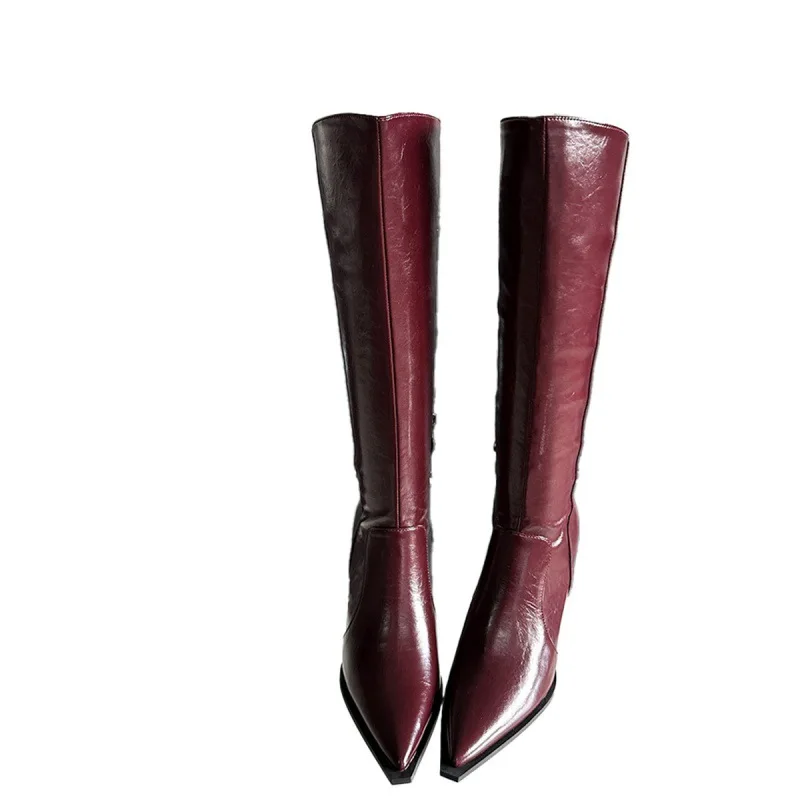 Alionly Minimally Retro Pointed Coffee Colored Slim Heeled Martin Boots for Women High-Heeled Long Boots