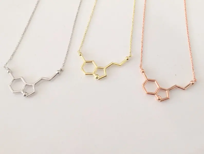 Women Serotonin Statement Necklaces Pendants Silver Color Serotonin Molecule Gold Color Chemistry Long Necklace Moth Men Chain